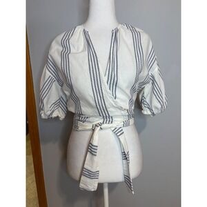 Schutz Off White Stripe Wrap Crop Top Puff Sleeve Brazil‎ Sz 34 EUR 36 NEW
